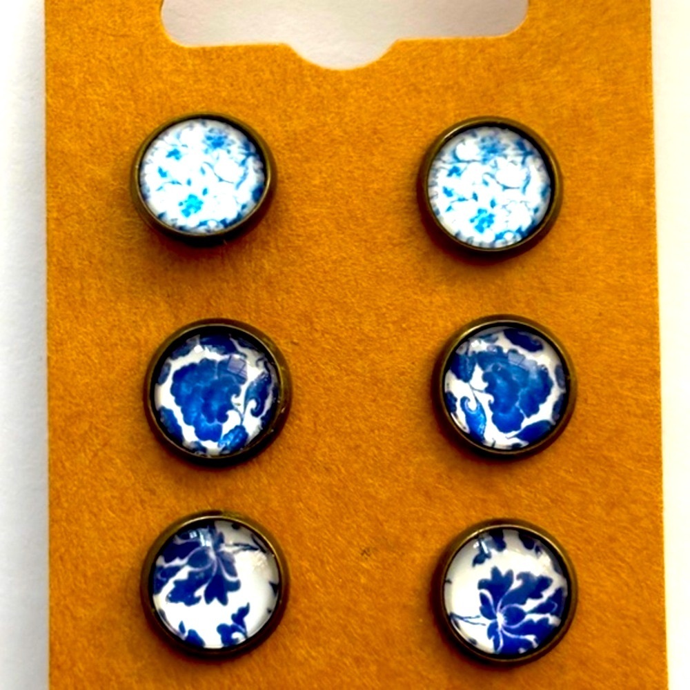 3 Pairs of 10mm Glass Cabochon Printed Stud Earrings, NWT, Handmade, Unworn